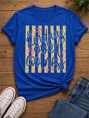 Kindness Over Coolness Graphic Tee Size L New Blue Daisy Striped Shirt Cute